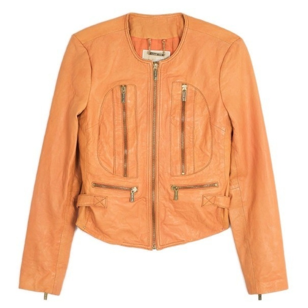 MICHAEL KORS Orange Leather Moto Jacket Cropped Gold Zip Women's XS